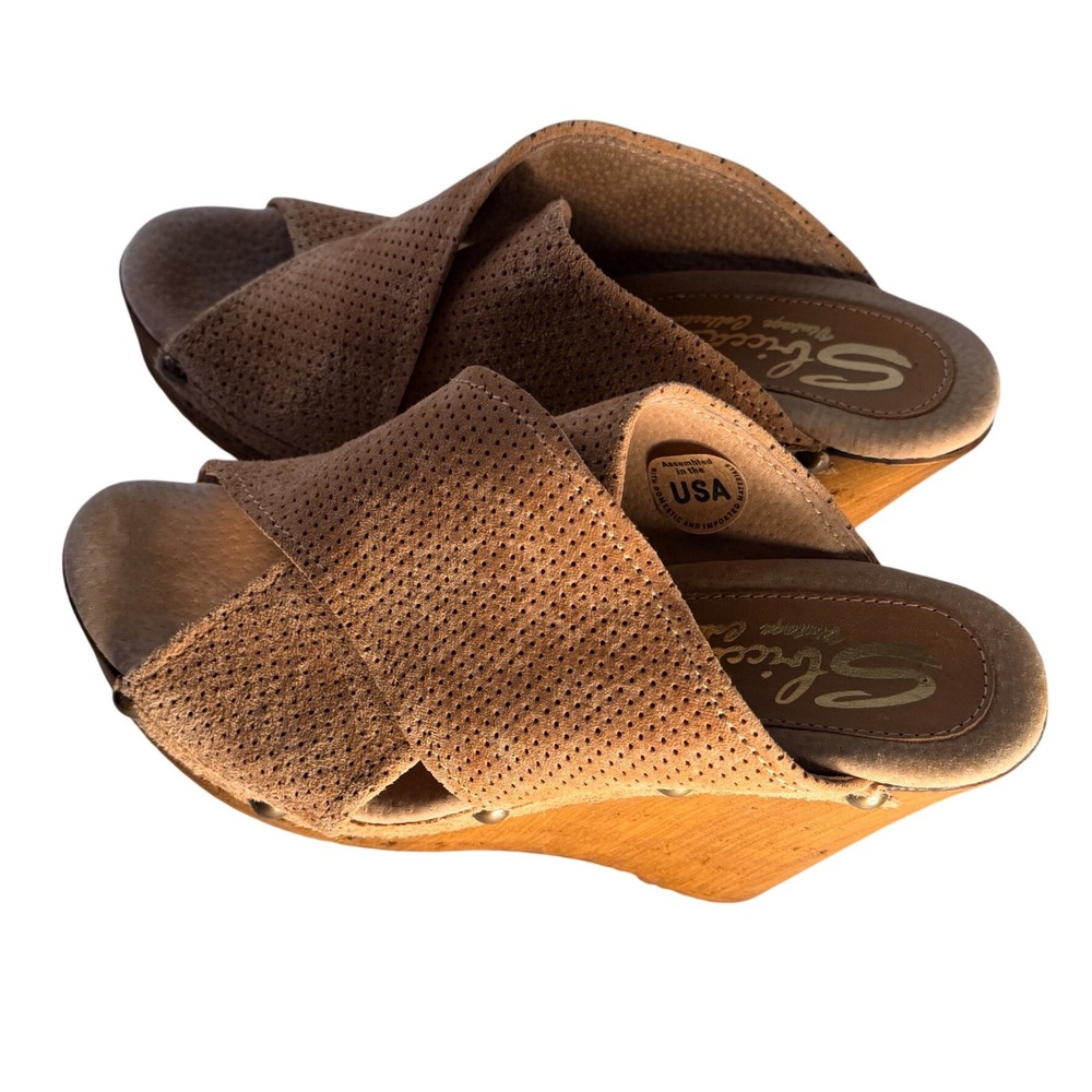 Sbicca Vintage Collection Tan Perforated Suede Platform Wedge Sandals 9M 40